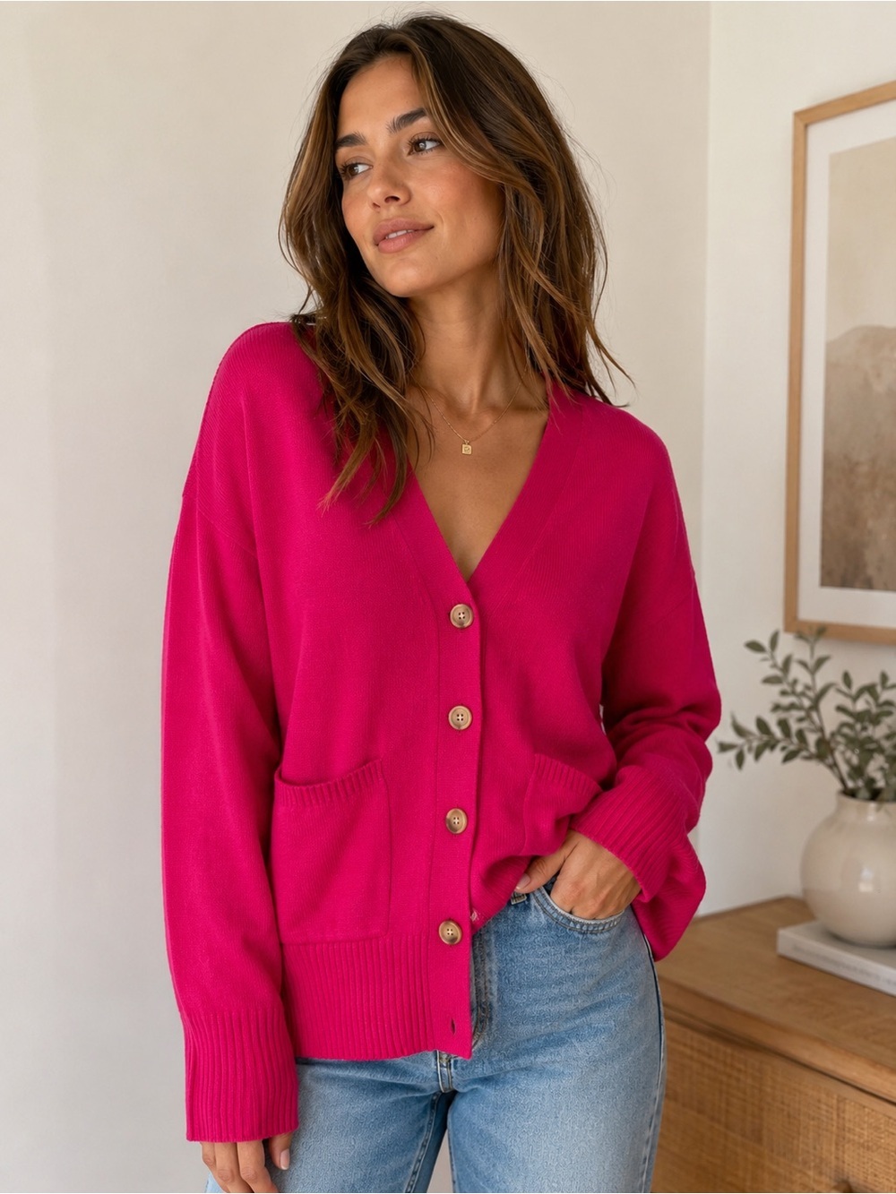 NWT LOFT Hot Pink V-Neck Button Front Cardigan